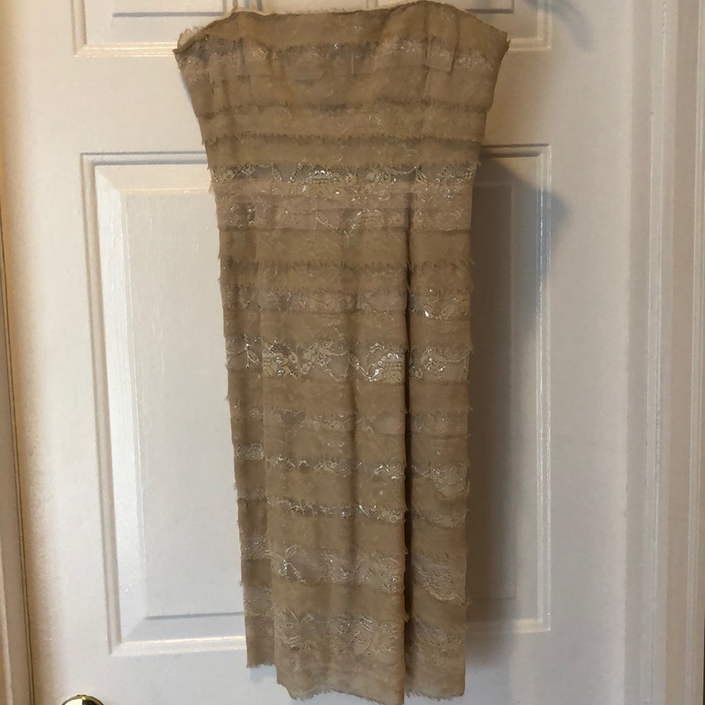 BCBG Maxazria Strapless Tan Lace Dress Size M